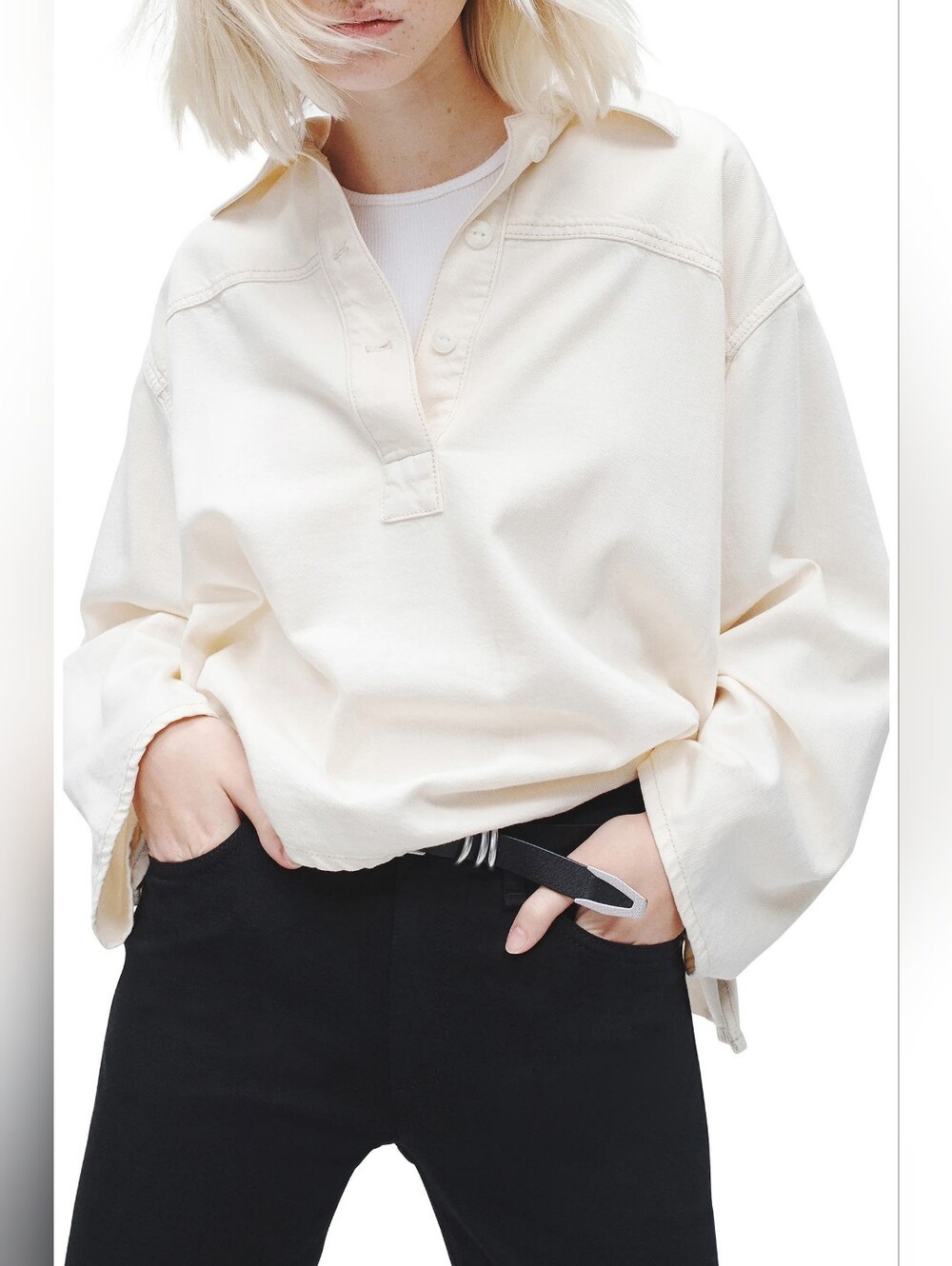 Rag&Bone Emily Lightweight Denim Popover Shirt, XS Off-white, Denim Long Sleeve